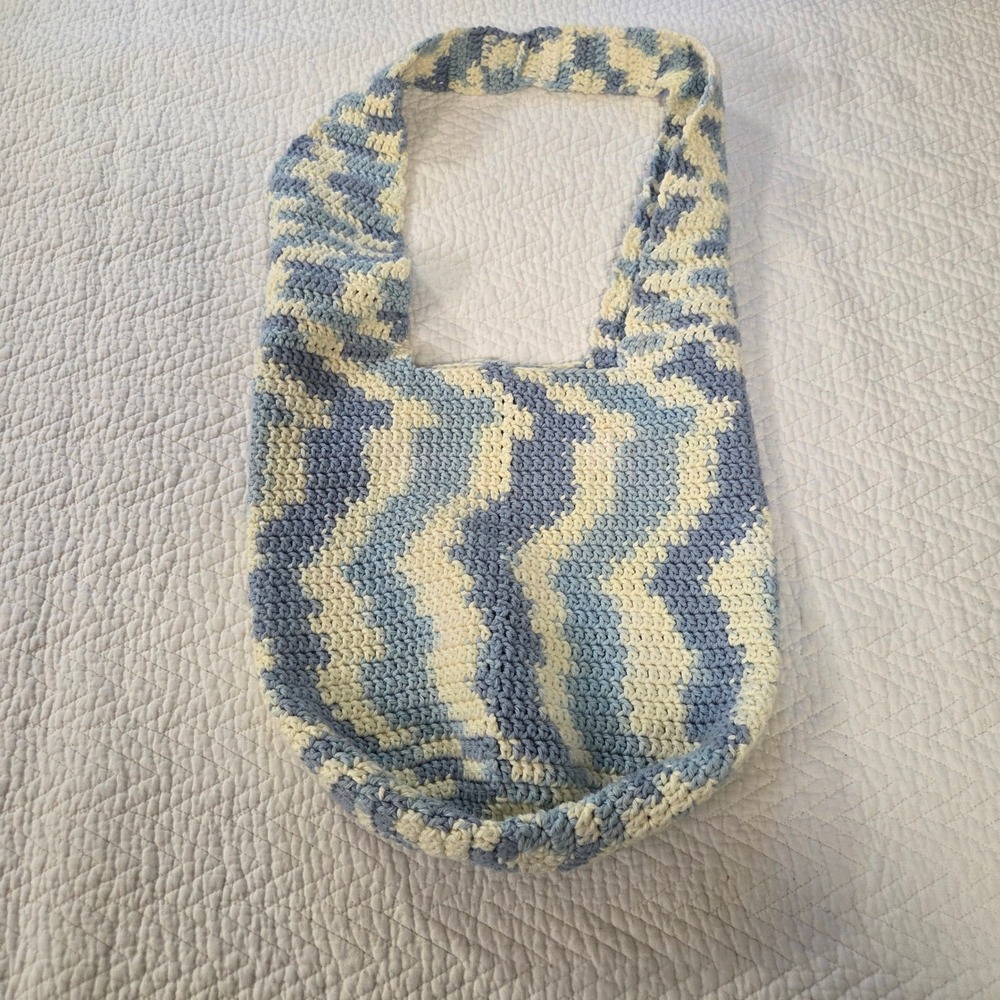 Handmade Crochet Boho Hobo Bag Blue Cream Chevron Zig Zag Knit Shoulder Tote